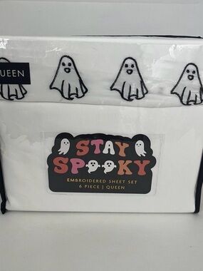 Stay Spooky Embroidered Ghosts Halloween Queen Size 6 Piece Sheet Set